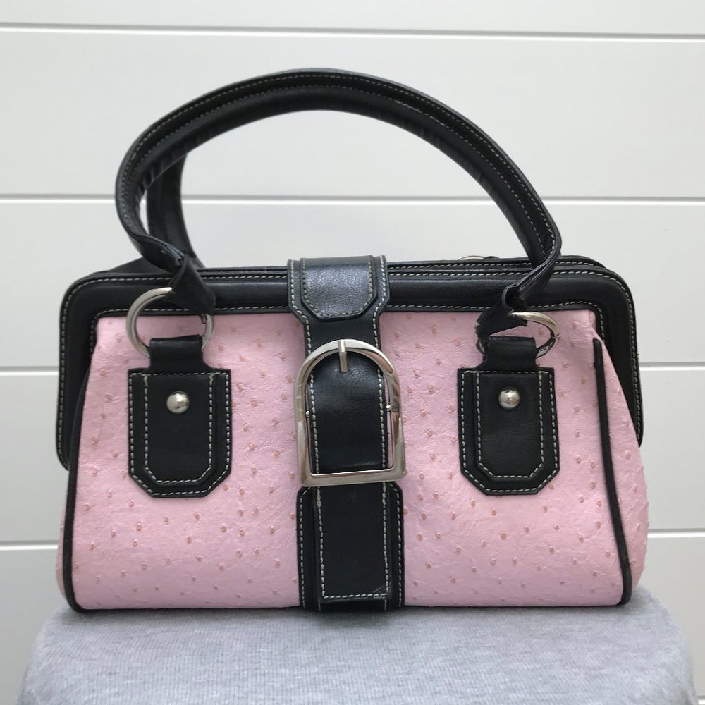 BRACIANO Pink Black Embossed Ostrich Frame Purse